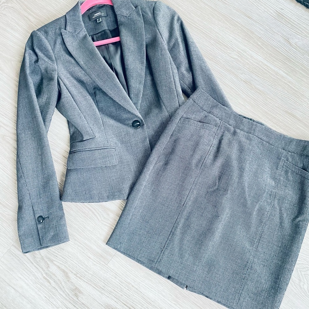 MEXX METROPOLITAN GREY SKIRT SUIT BLAZER SIZE 34 SKIRT SIZE 36